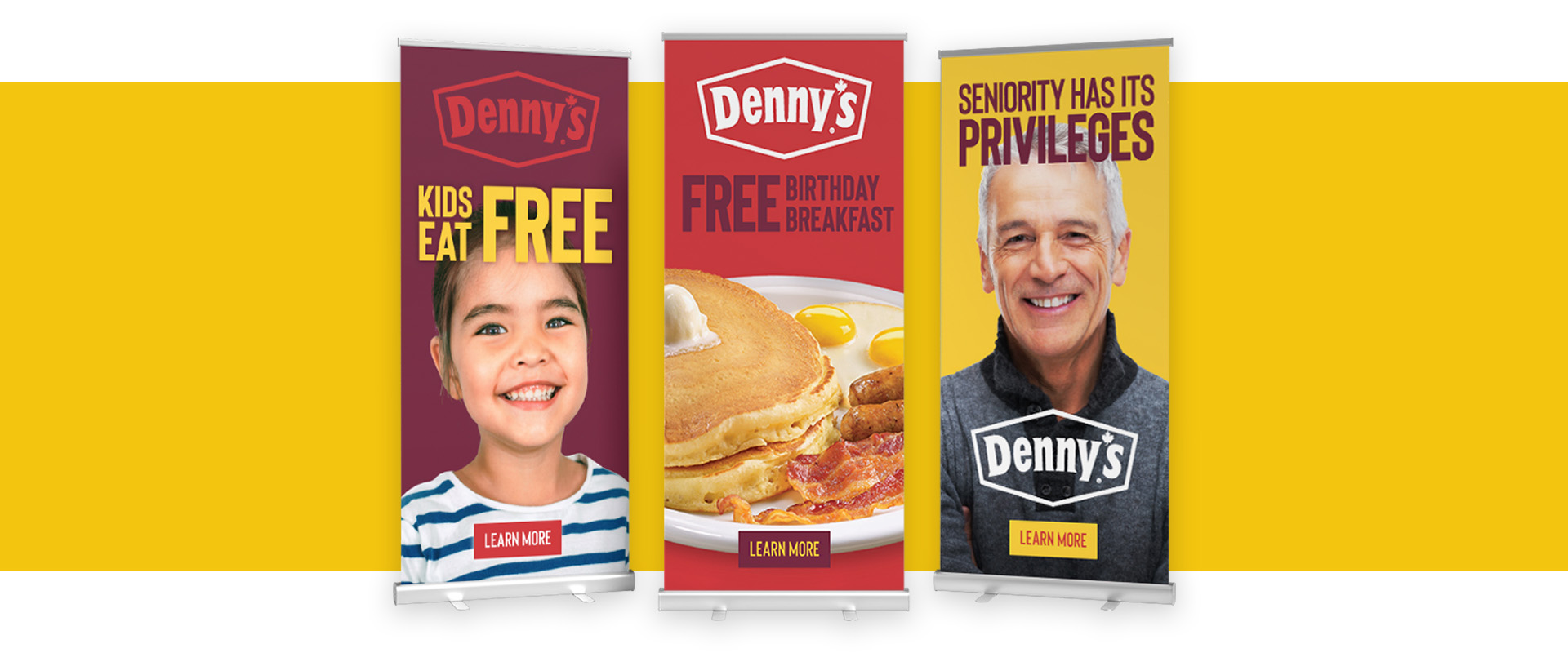 Three posters of Denny's, side by side. The posters show Denny's deals, including a deal for kids, a deal for adults, and a deal for seniors