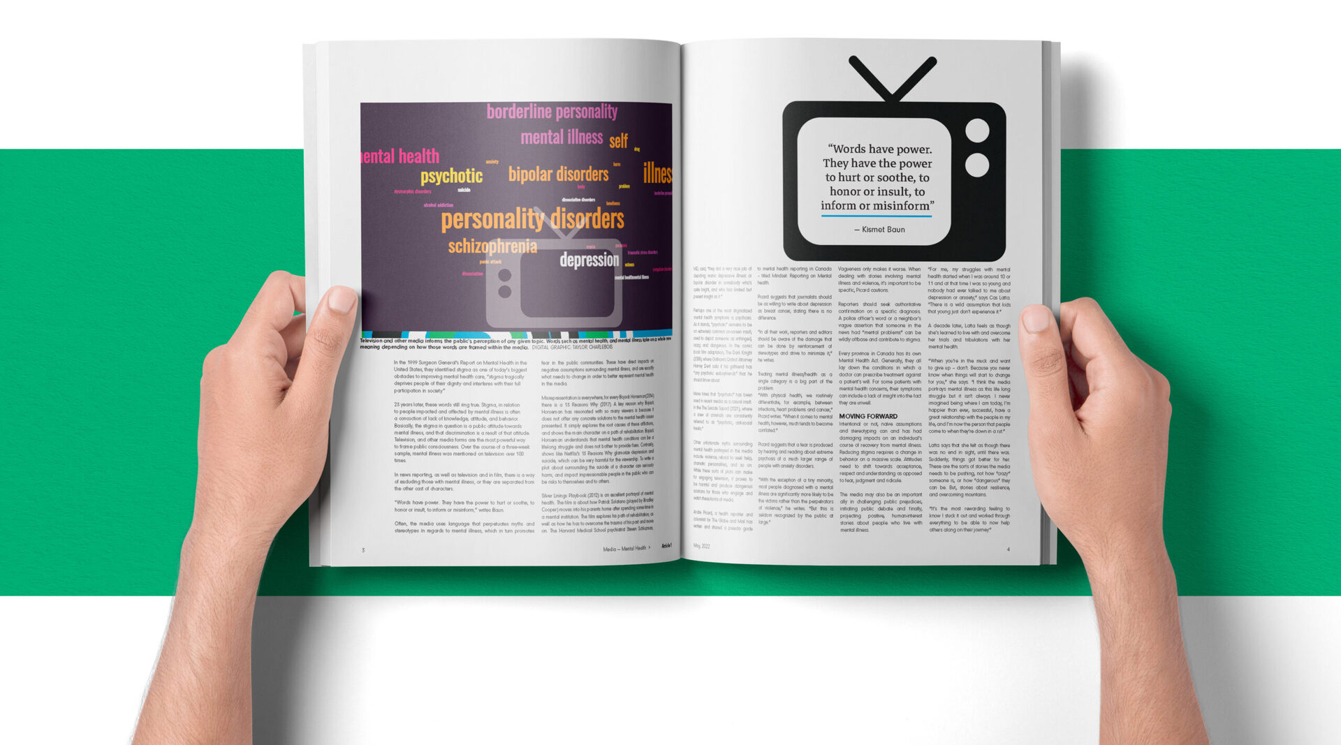 A person reading through Mount Royal University's Article 1 magazine